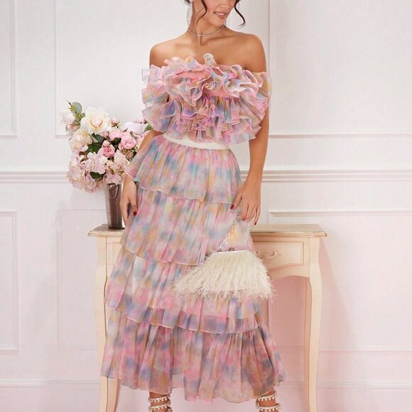 Pink PreppyWomens Summer Blurred Floral Layered Ruffle Top - Picture 1 of 5